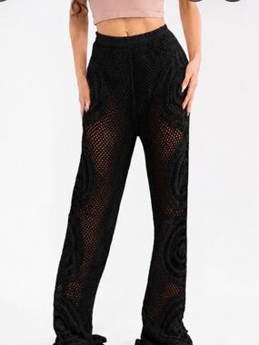 Wide Leg Crochet Knit Pants - Black